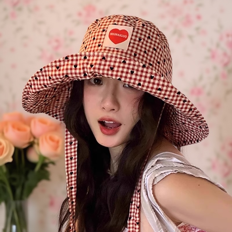 爱心贴布格子渔夫帽子女大帽檐