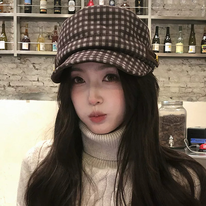 韩系格子显脸小马术帽女秋显脸小