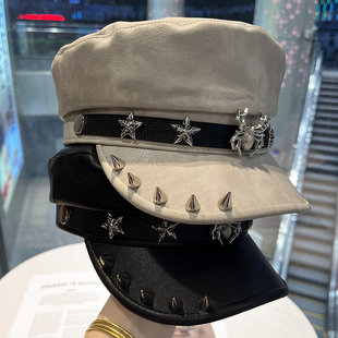 新款 个性 五角星蜘蛛海军帽时尚 显脸小 英伦风复古平顶帽子女春秋季