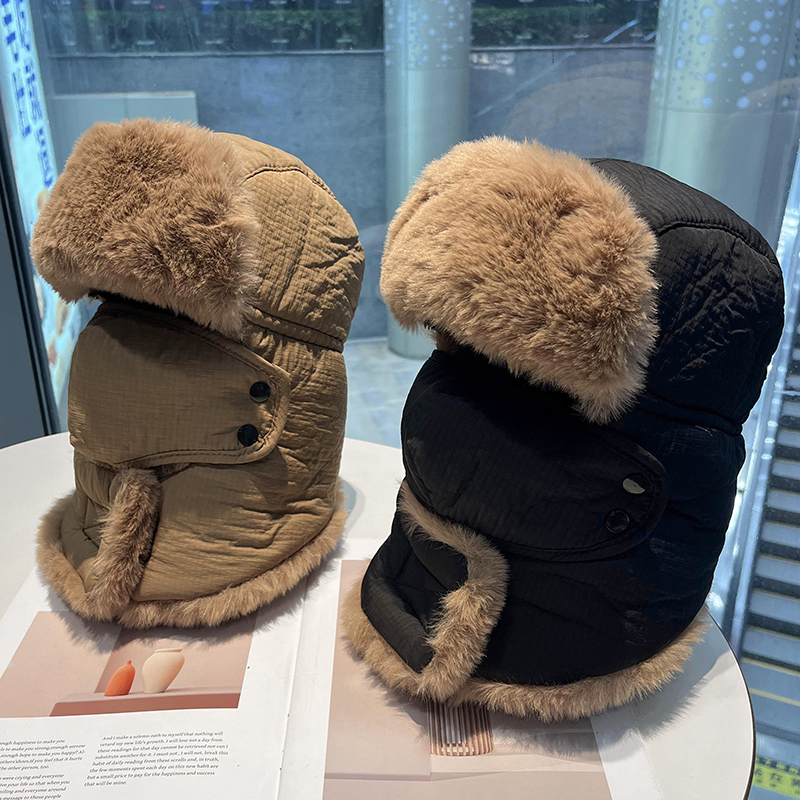 冬季兔毛绒防寒雷锋帽男羽绒棉帽户外骑车防风面罩保暖护耳帽子女