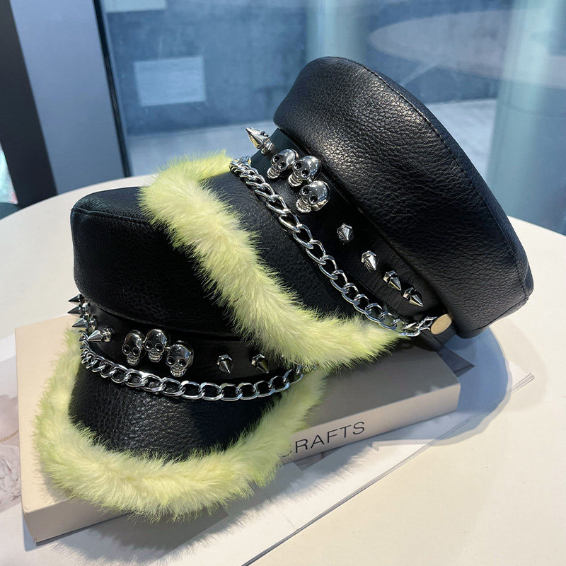 复古朋克风黑色PU皮铆钉平顶帽女春季链条鸭舌帽个性时尚潮流帽子