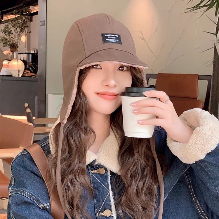 2025新款字母缝标毛绒雷锋帽女冬季户外加厚保暖护耳帽骑行防寒帽