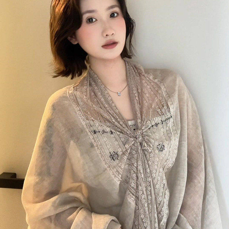 法式温柔风蕾丝系带披肩女春夏季薄款透气防晒遮阳外搭高级感围巾
