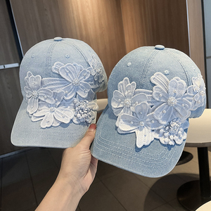 韩版立体刺绣花朵牛仔棒球帽女大檐遮阳防晒帽宽檐显脸小鸭舌帽子