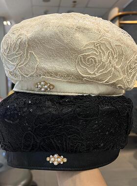2025年新款缎面蕾丝贝雷帽子女新中式珍珠盘扣画家帽大头围蓓蕾帽