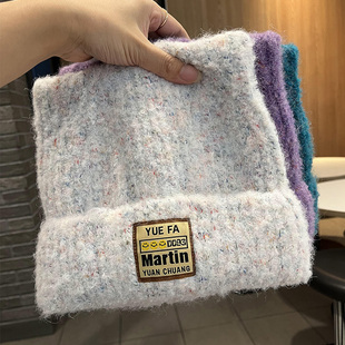 韩版刺绣字母标杂色毛线帽子女秋冬季可爱耳朵保暖防寒加厚针织帽