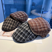 鸭舌帽小众文艺显脸小报童画家帽 新款 美式 复古格子前进帽女春秋季