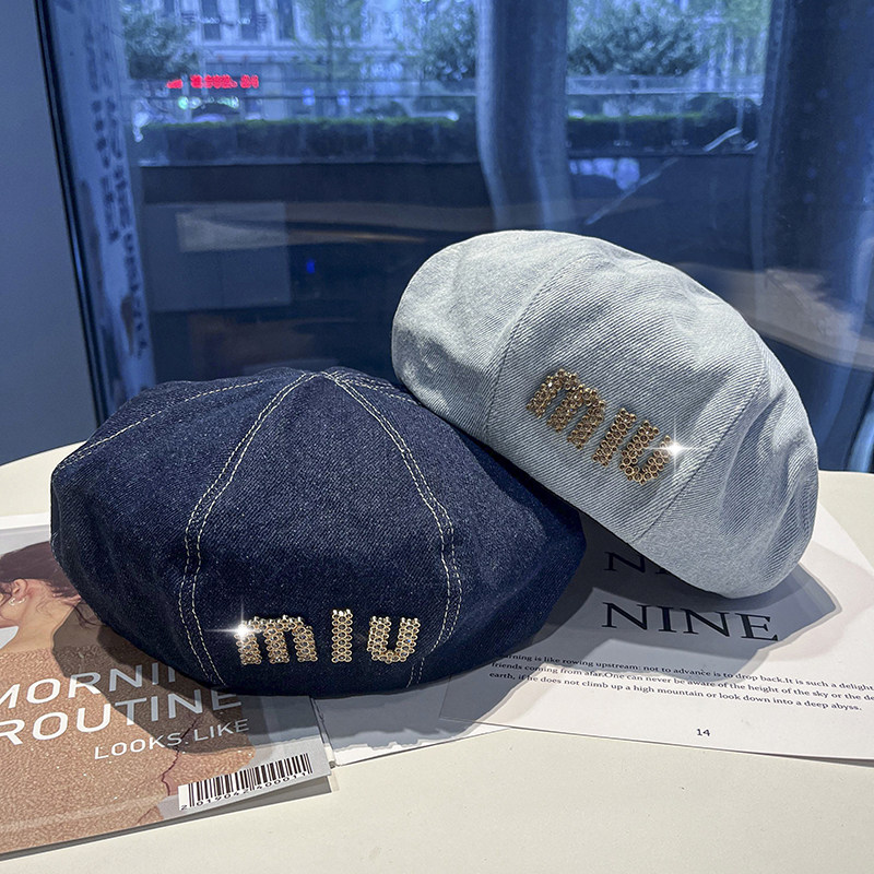 水洗牛仔贝雷帽子女韩版水钻ins八角帽春秋季休闲复古百搭画家帽