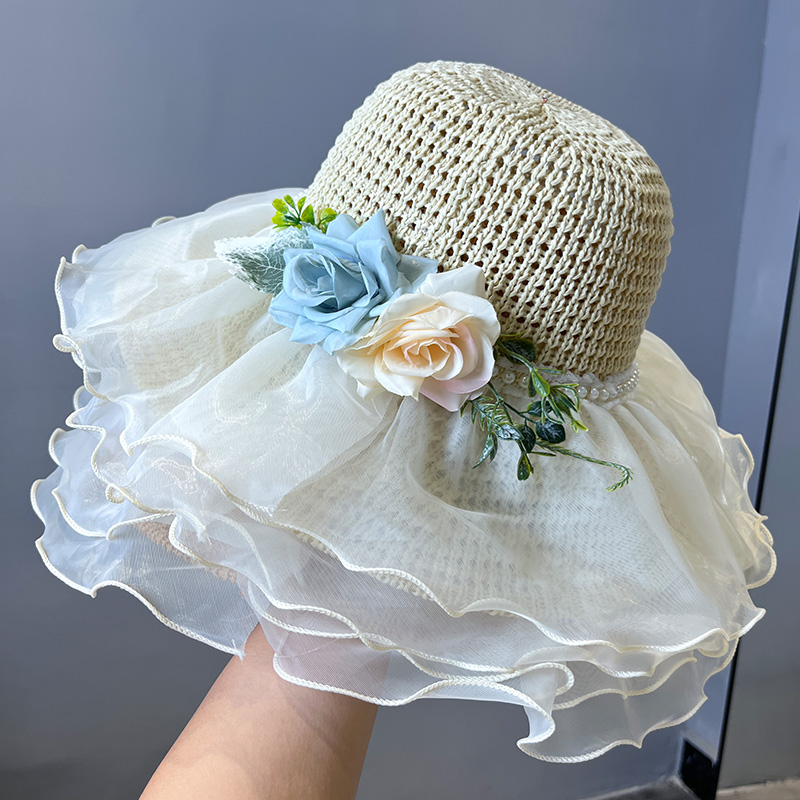 2025新款夏季法式蕾丝花朵草帽