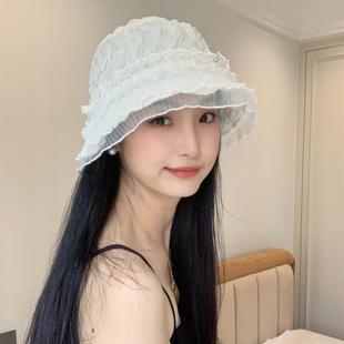 春夏季小众渔夫帽女蕾丝拼接高级感出游拍照韩版百搭显脸小盆帽潮