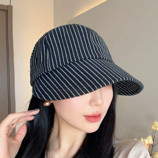 复古条纹宽檐鸭舌帽子女春夏季 防晒遮阳帽文艺百搭显脸小帽子 薄款