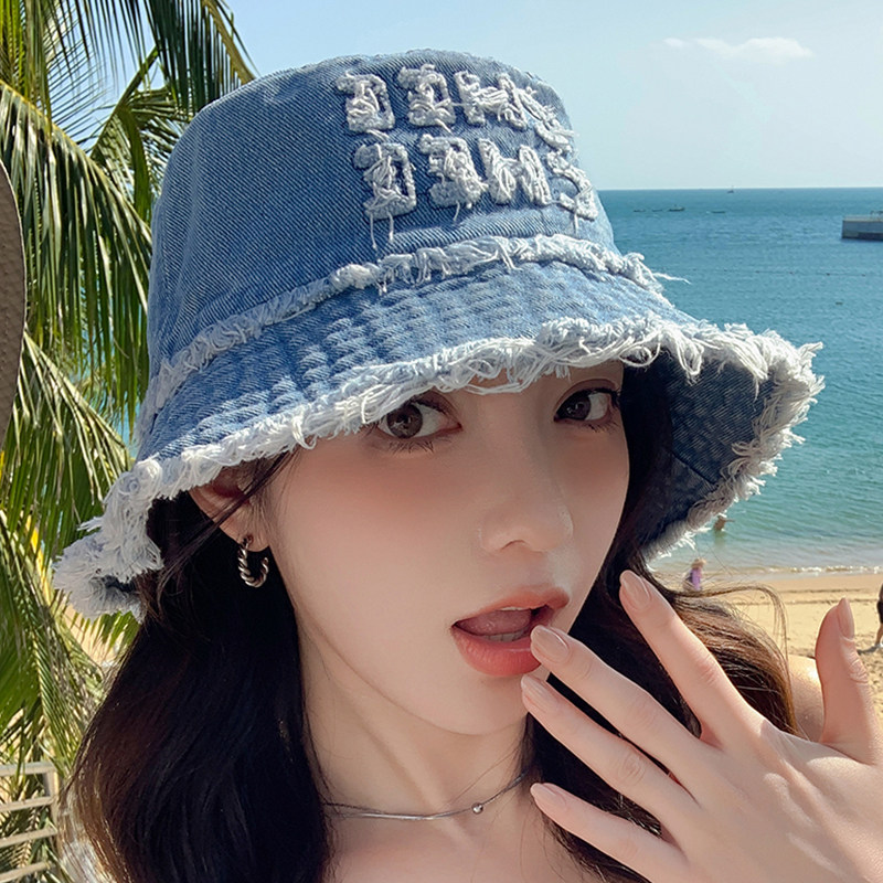 复古做旧刺绣字母渔夫帽休闲女
