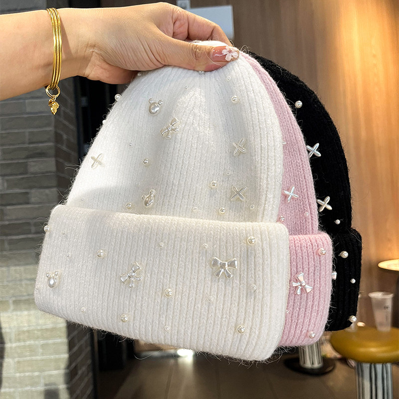 秋冬兔毛混纺毛线帽手工小珍珠蝴蝶结白色针织帽女保暖防寒包头帽
