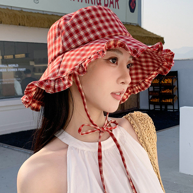 格纹大檐防晒显脸小渔夫帽女