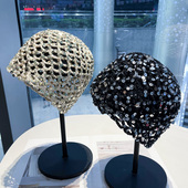 亮片编织镂空包头帽女秋季 百搭显脸小堆堆帽辣妹时髦套头帽子 韩版