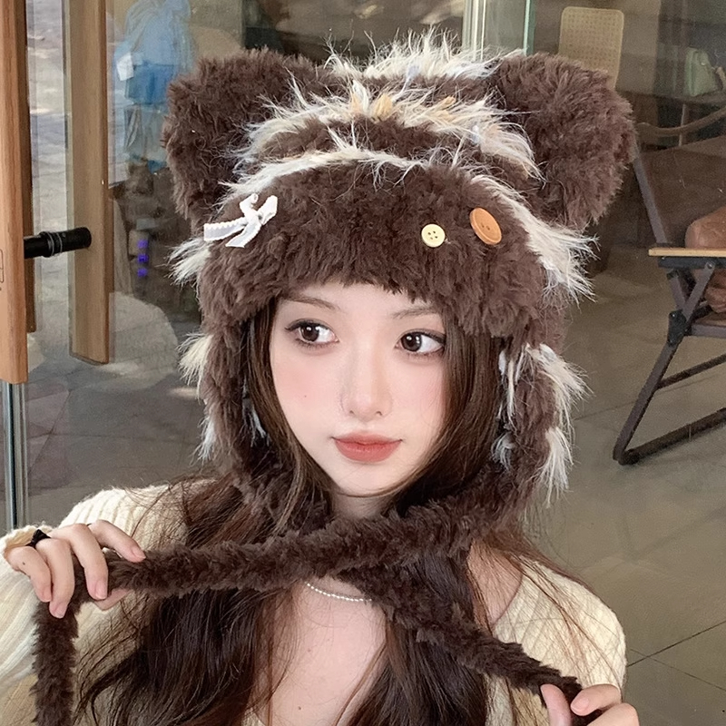 甜美可爱蝴蝶结纽扣毛绒护耳帽女