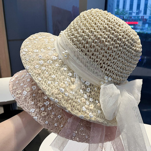 法式蕾丝珍珠系带镂空草帽女春夏季遮阳碎花太阳帽度假风防晒帽子