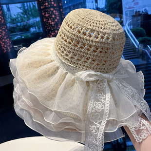 蕾絲蝴蝶結(jié)草帽女夏季 新款 出游大檐遮陽防曬帽海邊沙灘度假太陽帽