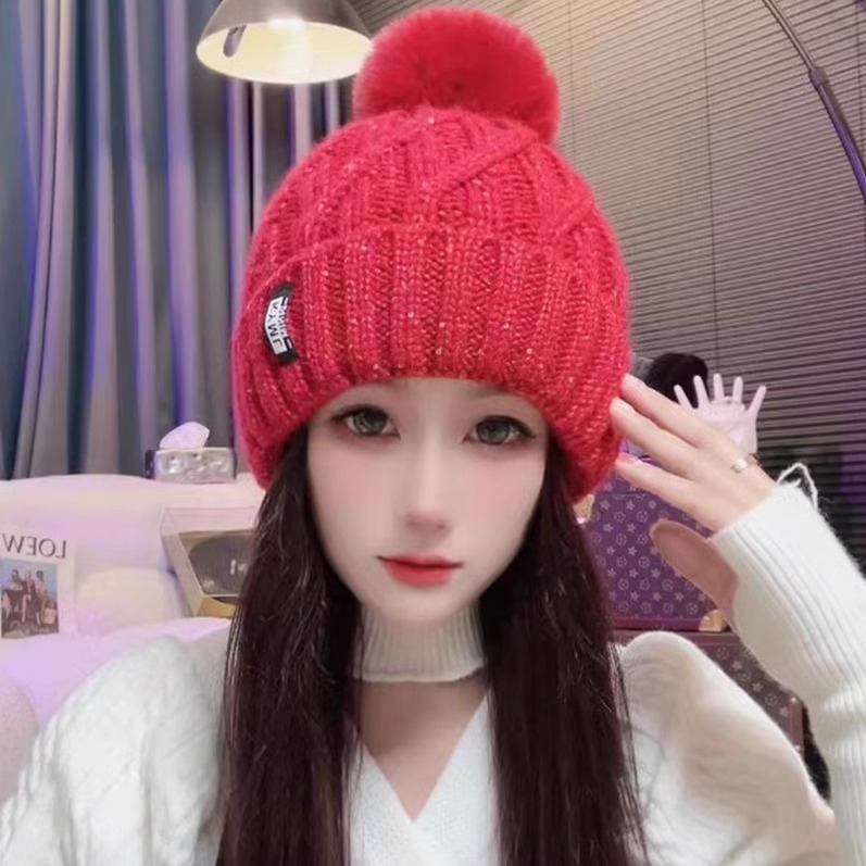 新款毛球亮片毛线帽女秋冬加绒加厚保暖针织帽韩版百搭毛绒帽子潮
