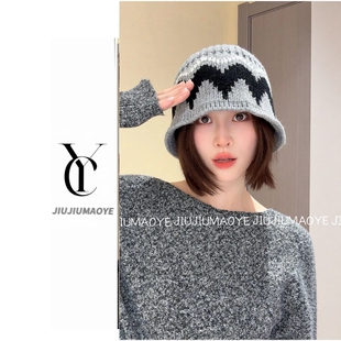 费尔岛风复古提花针织毛线帽子女士秋冬季高级感保暖渔夫帽显脸小