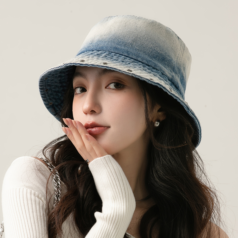 韩版春夏渐变水洗牛仔潮流时尚渔夫帽子女舒适百搭显脸小铆钉盆帽