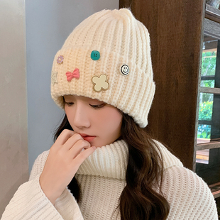 可爱纽扣针织帽子女生2025新款秋冬天季保暖百搭毛线包头帽大头围