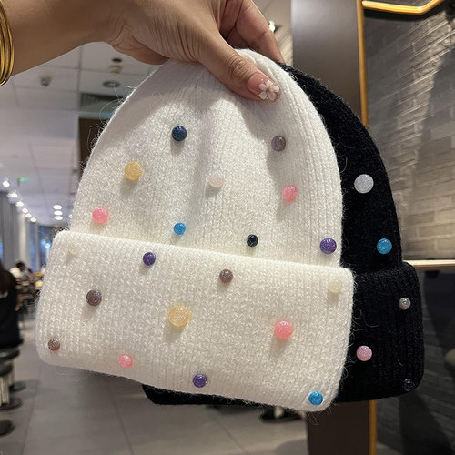 毛线帽甜美百搭女秋冬彩色珠子
