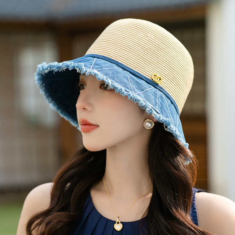 草帽牛仔布拼接帽户外防紫外线
