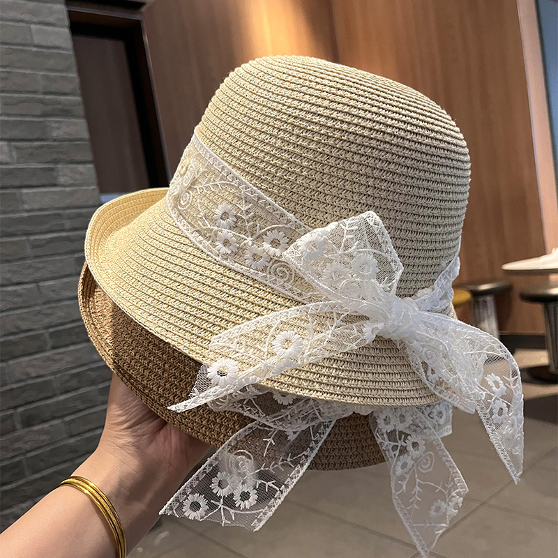 优雅蕾丝飘带蝴蝶结渔夫帽女夏季百搭卷边遮阳草帽出游大檐防晒帽