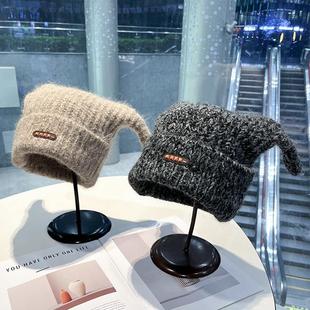 可爱搞怪毛线帽子女长角造型秋冬季加厚保暖针织帽兔毛绒护耳冷帽