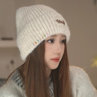 韩系彩石针织帽女冬季保暖护耳毛线帽显脸小防寒时尚帽子加厚冷帽