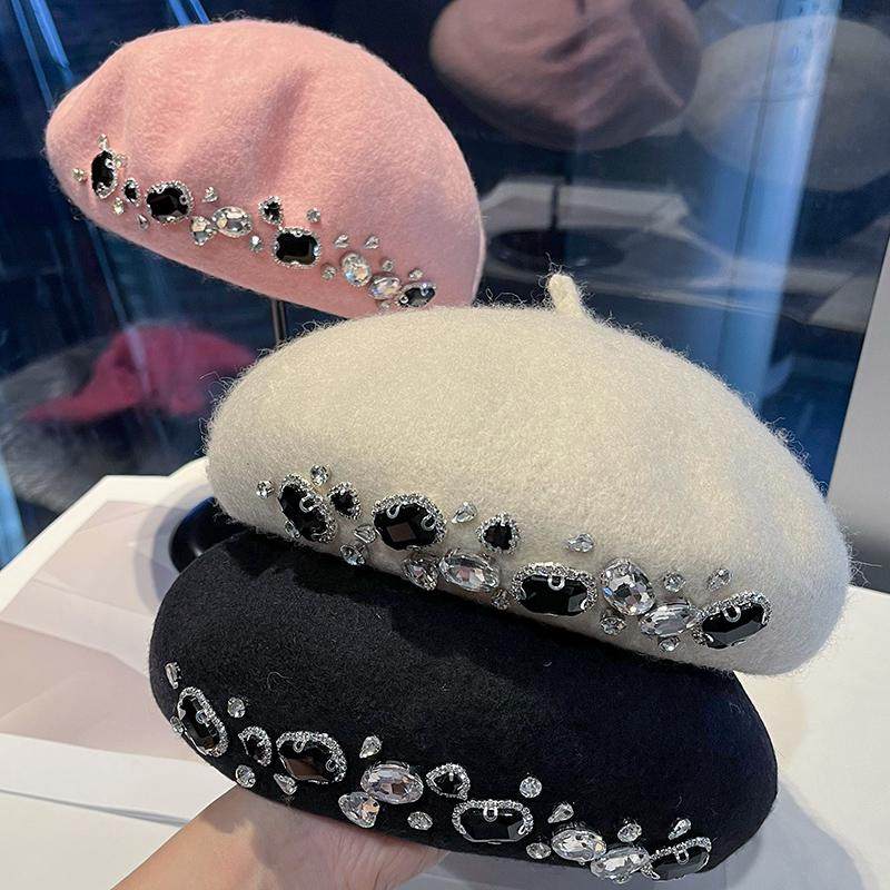 高级羊毛画家帽子女明星同款时尚水钻贝雷帽韩版优雅显脸小蓓蕾帽