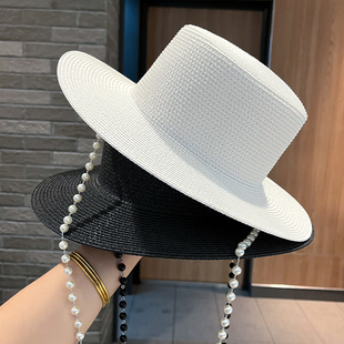 夏季遮阳帽子女法式优雅珍珠白色大檐草帽女士防晒太阳帽平顶礼帽