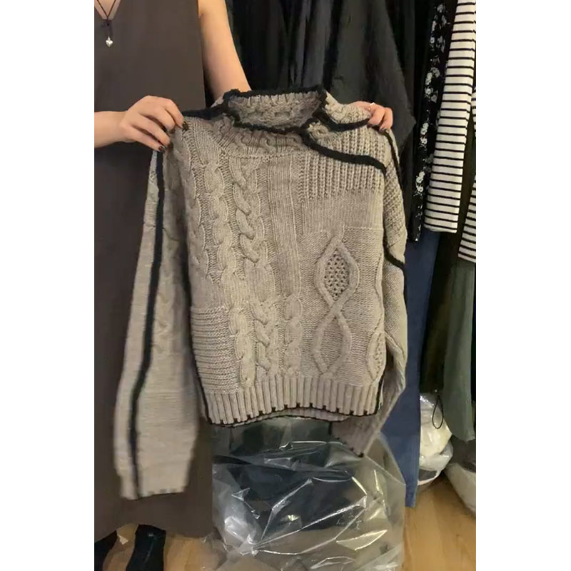 高级感灰色麻花套头毛衣女秋冬加厚日系复古慵懒风针织衫上衣chic