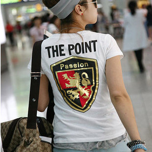 韩国现货机车短袖纯棉V领T恤英文字母口袋装饰女式上衣