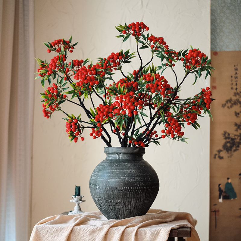 带叶红果发财果仿真花摆件客厅干花装饰冬青浆果树枝假花插花摆设
