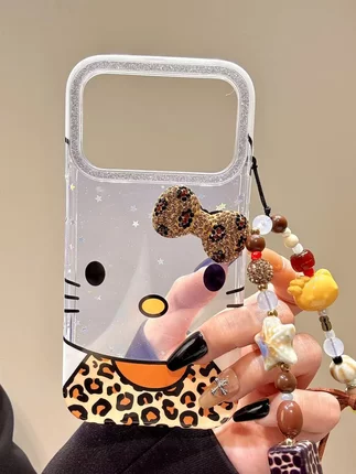 17promax · 大脸豹纹猫咪立体蝴蝶结链条适用苹果17promax手机壳15iphone16