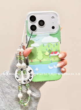 治愈绿色小森林链条适用苹果17promax包拍照键手机壳iPhone16pr15 · 苹果17  光面鎏金 绿色森林小溪