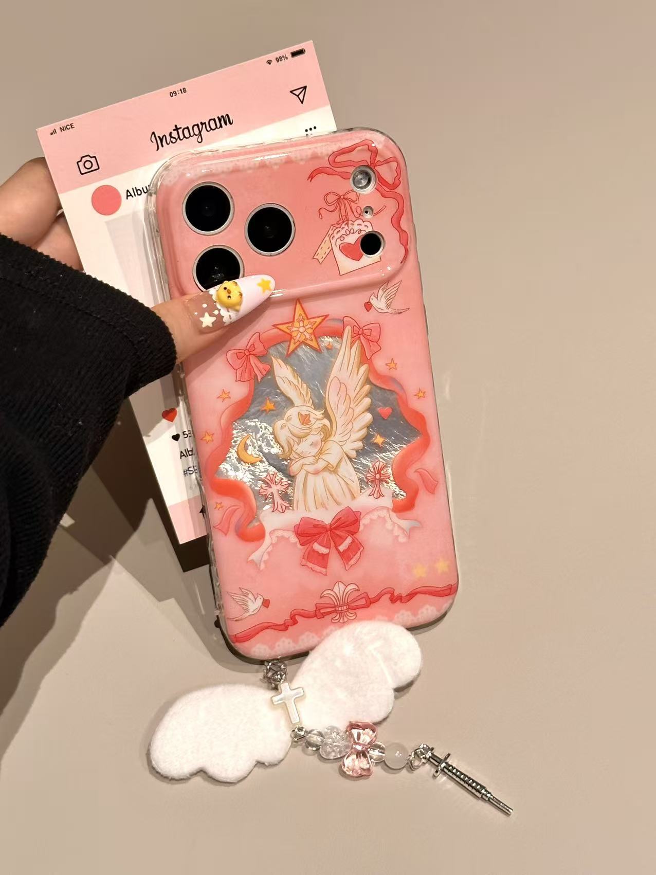 卡通可爱粉底天使雕像全包壳适用苹果17/16/15/14防摔手机壳 · 粉底天使雕像-单壳 苹果15promax