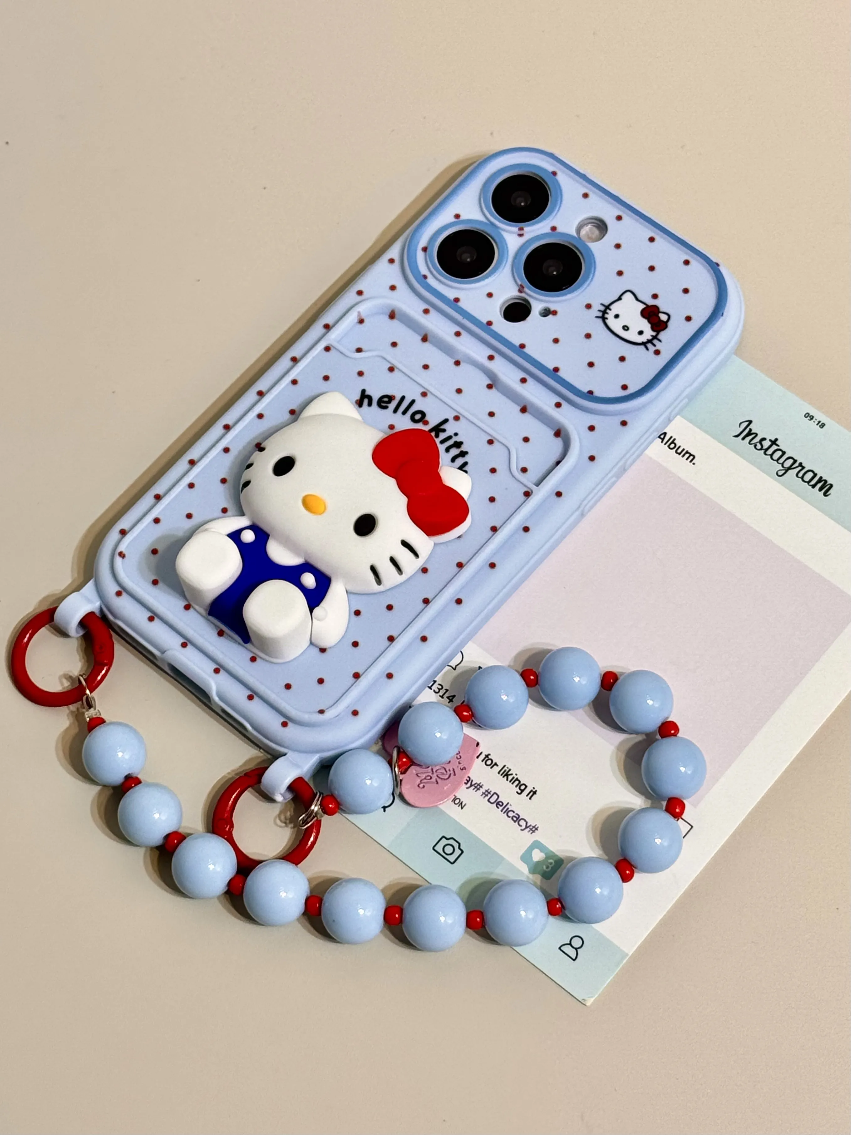 可爱波点立体Kitty卡包珍珠手拎绳适用苹果17手机壳iphone16Pro14PM15