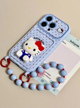 可爱波点立体Kitty卡包珍珠手拎绳适用苹果17手机壳iphone16Pro14PM15