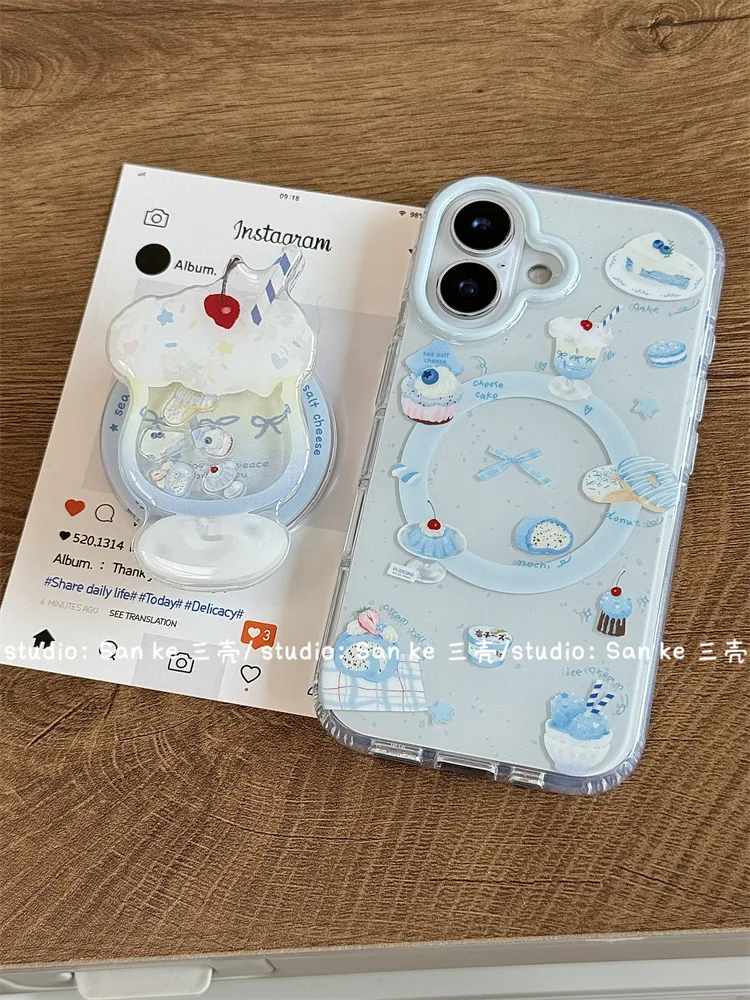 蓝色甜品磁吸壳摇摇乐支架适用苹果16promax手机壳15pro/14全包13