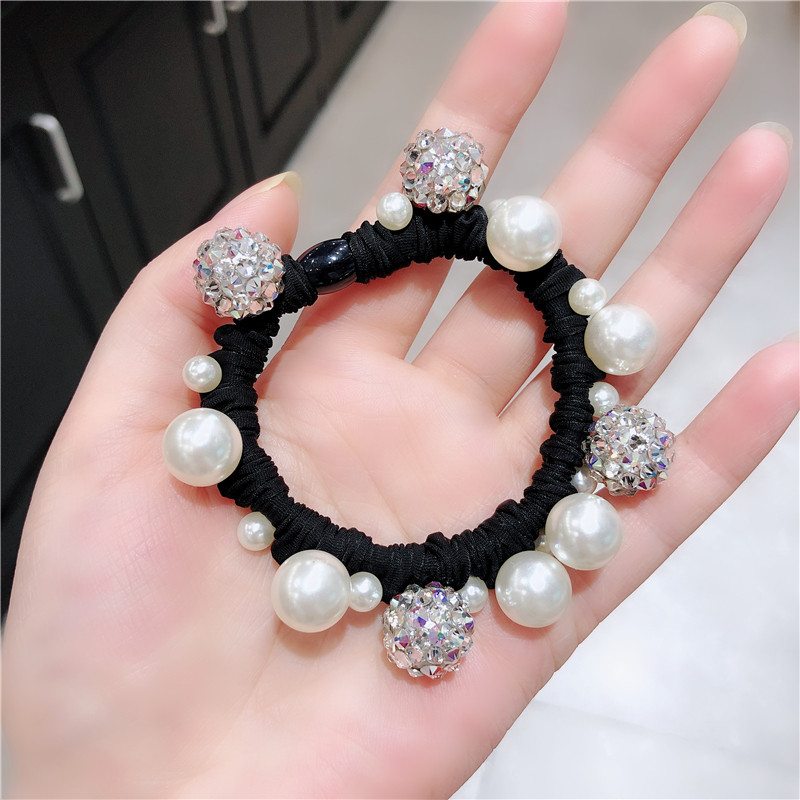 韩国百搭甜美珍珠水钻球头绳精致时尚镶钻布艺发圈高弹橡皮筋皮套