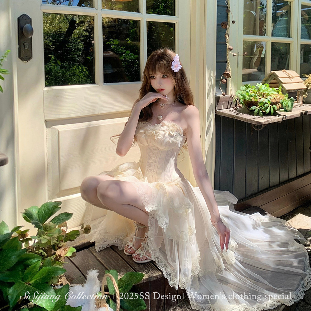 SISI JIANG&ldquo;西洋茶会&rdquo;复古浪漫修身鱼骨上衣花边网纱收腰半裙