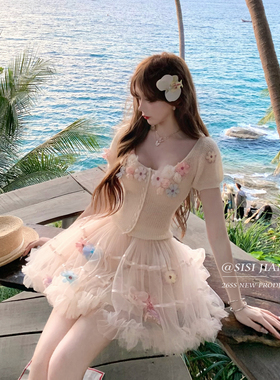 SISI JIANG“花梦芭蕾”甜梦纯欲温柔风方领针织上衣花朵蓬蓬裙