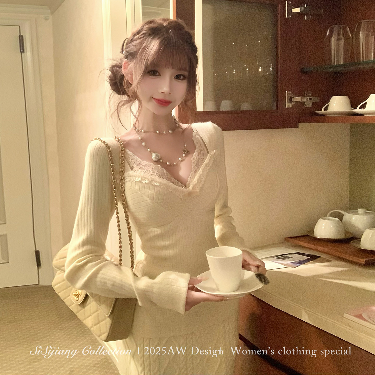 SISI JIANG&ldquo;挚爱甜系姐姐&rdquo;甜美纯欲修身长袖上衣麻花纹包臀裙