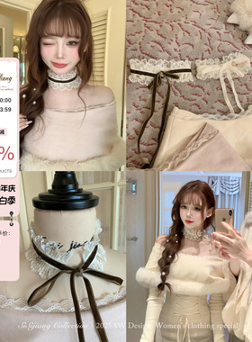 SISI JIANG“日系姐姐choker”复古宫廷风白色蕾丝蝴蝶结系带项链