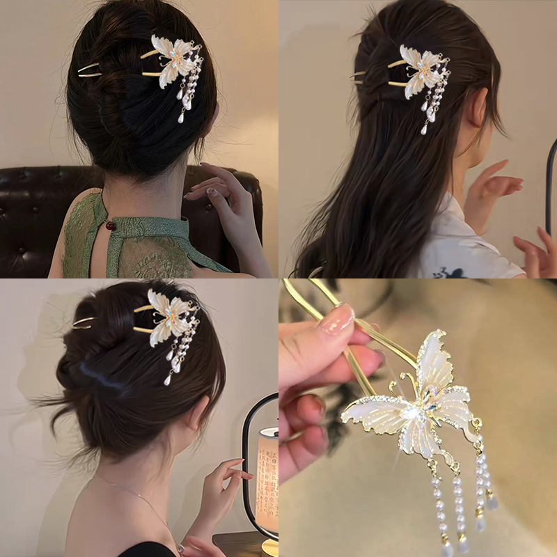 发叉簪子高级感u型蝴蝶发簪女新中式后脑勺盘发古风步摇汉服发钗