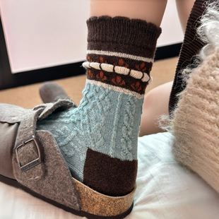 棉袜子女中筒袜冬加厚复古咖色秋冬季保暖羊毛棉袜费尔岛长袜冬天