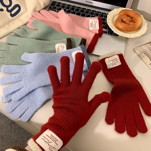 红色手套女韩系仿羊绒针织冬季户外保暖长款触屏学生分指骑行手套